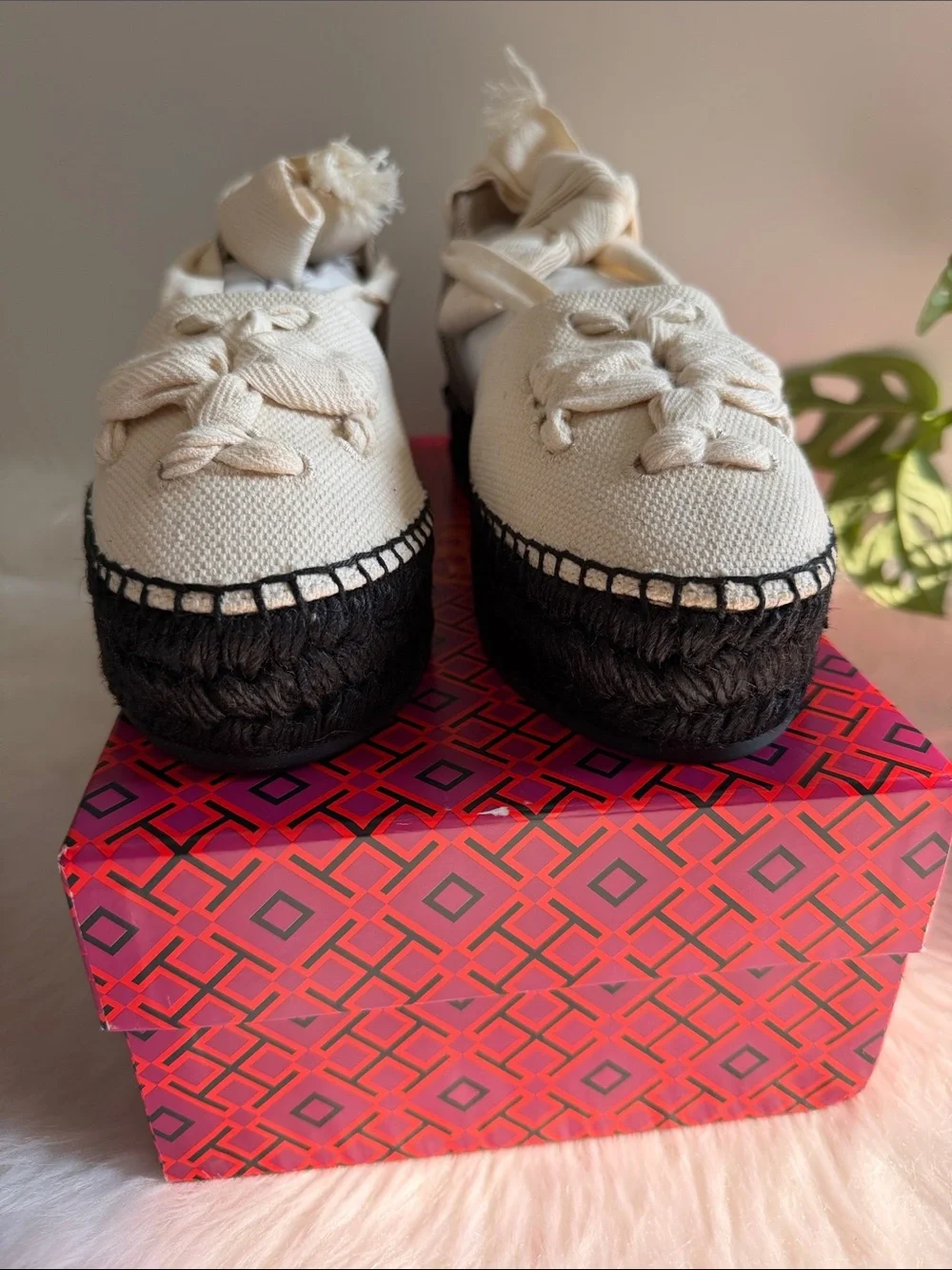 Tory Burch Black/Natural Ankle Wrap Woven Double T Espadrille